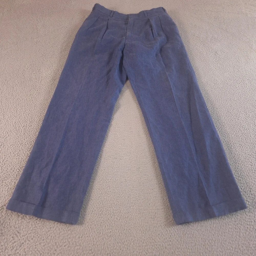 Orvis Pants Mens 36x34 Blue Pleated 100% Linen Straight Leg Cuffed Trousers